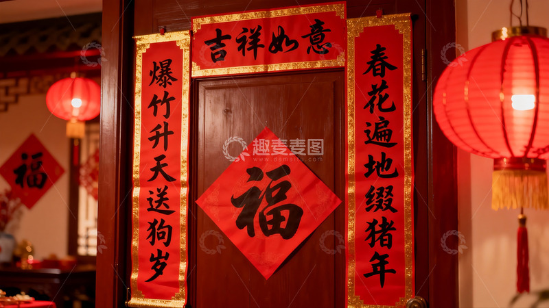 高清大图下载【趣麦麦图】春节门贴春联灯笼喜庆