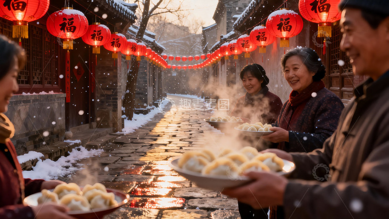 高清大图下载【趣麦麦图】雪中古巷家人共聚吃饺子