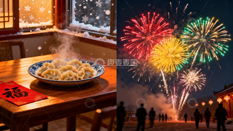 高清大图下载【趣麦麦图】年夜饭与烟花共庆佳节