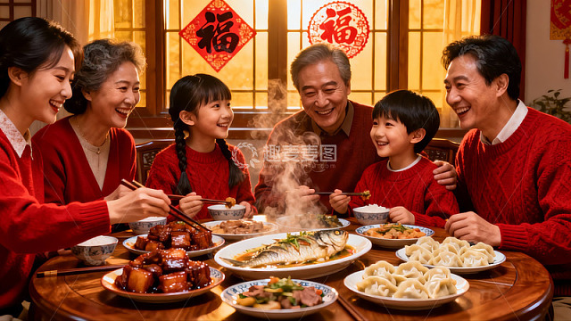 全家围坐餐桌共享年夜饭