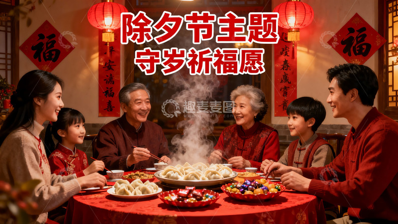 高清大图下载【趣麦麦图】除夕团圆饭家人围坐享美食