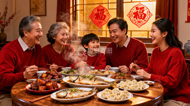 全家围坐年夜饭其乐融融