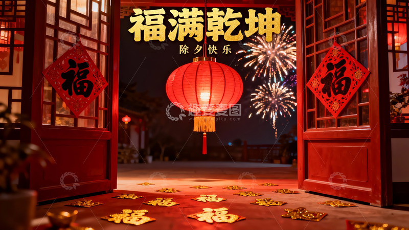 高清大图下载【趣麦麦图】除夕夜门廊挂红灯笼烟花绽放