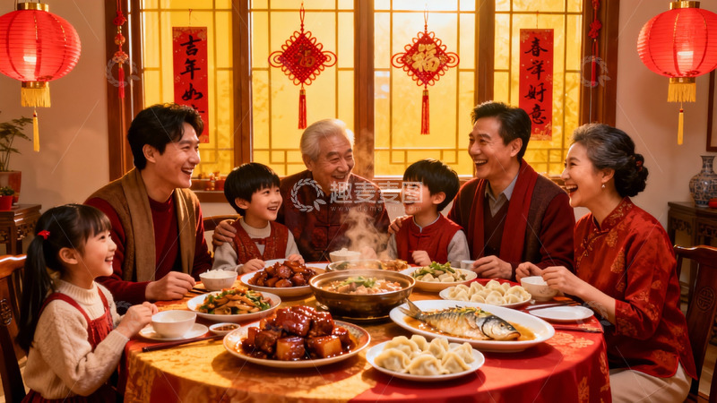 高清大图下载【趣麦麦图】春节家庭聚餐其乐融融