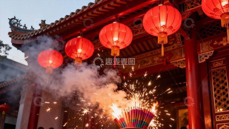 高清大图下载【趣麦麦图】古建筑前红灯笼与烟花