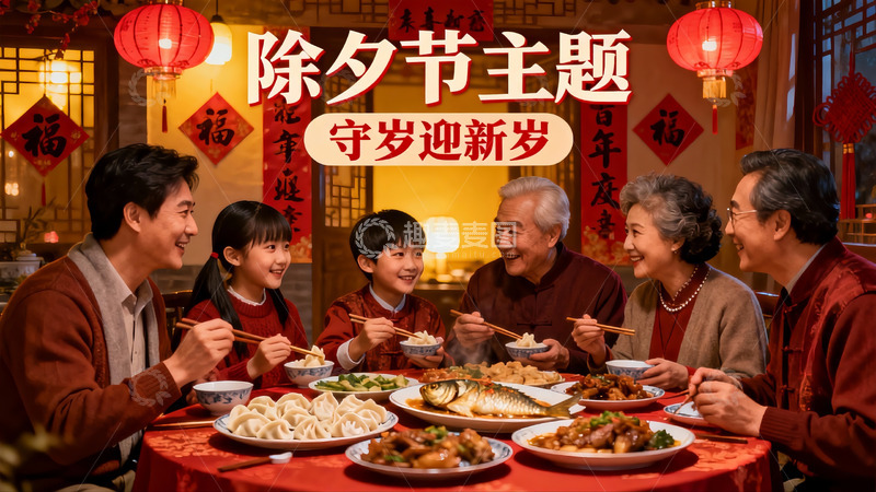 高清大图下载【趣麦麦图】除夕团圆饭家人欢聚一堂