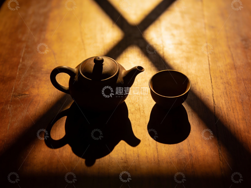 高清大图下载【趣麦麦图】暖光下的紫砂壶与茶杯