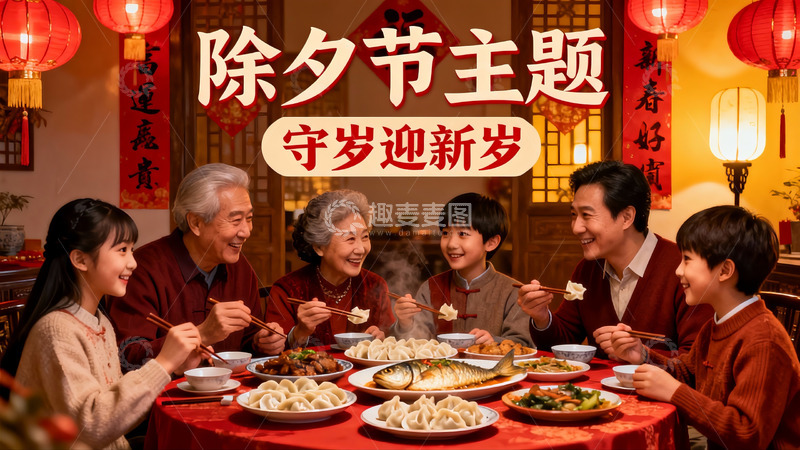 高清大图下载【趣麦麦图】除夕团圆饭家人欢聚一堂