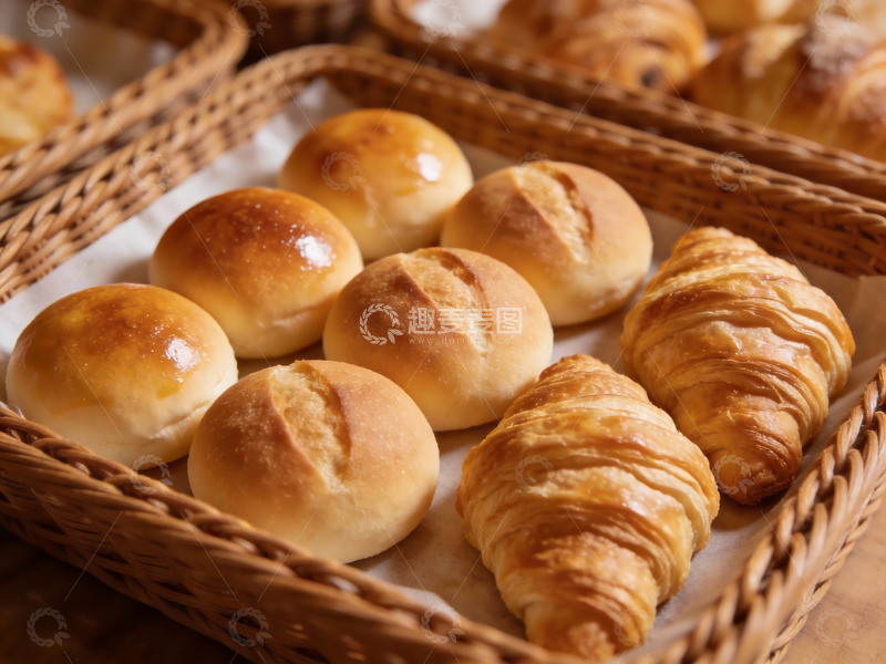 高清大图下载【趣麦麦图】金黄面包与牛角包摆盘