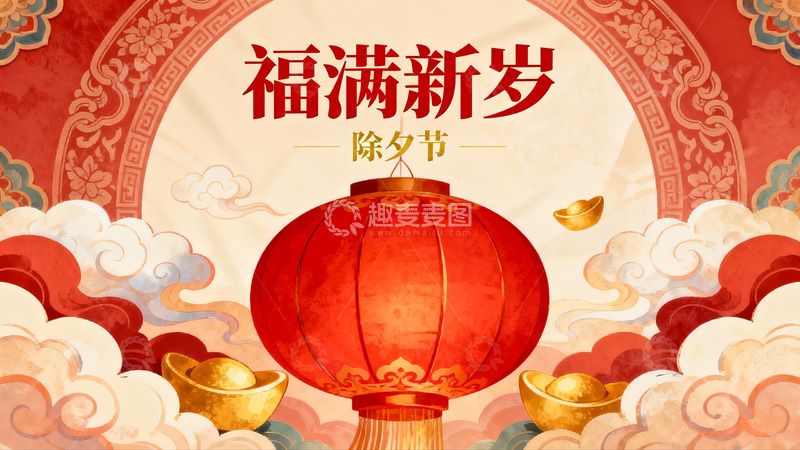 高清大图下载【趣麦麦图】除夕节红灯笼金元宝祥云图