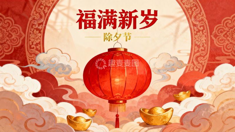 高清大图下载【趣麦麦图】除夕节红灯笼金元宝云朵