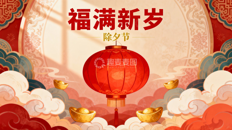 高清大图下载【趣麦麦图】除夕灯笼金元宝祥云图案