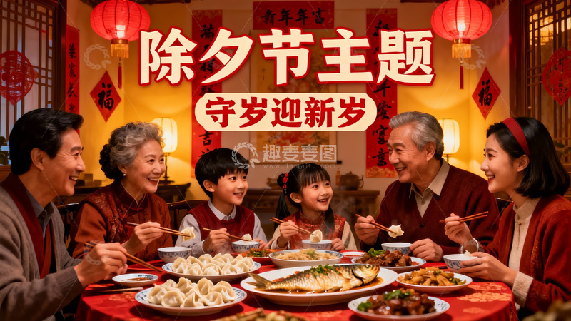 高清大图下载【趣麦麦图】除夕团圆饭家人欢聚一堂