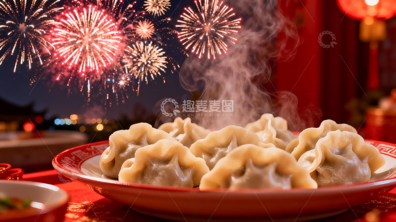 高清大图下载【趣麦麦图】年夜饭饺子配烟花