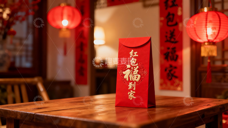 高清大图下载【趣麦麦图】春节红包摆放在木质桌上