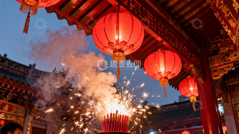 高清大图下载【趣麦麦图】古建筑夜景红灯笼烟花绽放