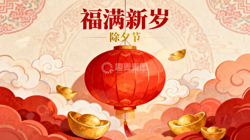 高清大图下载【趣麦麦图】除夕灯笼金元宝祥云图案
