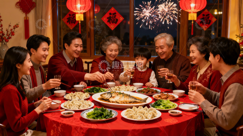 高清大图下载【趣麦麦图】家人围坐年夜饭欢聚一堂