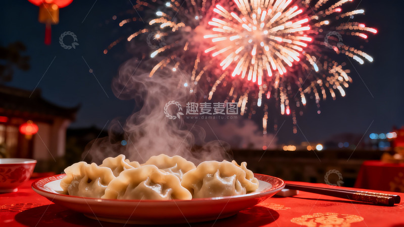 高清大图下载【趣麦麦图】夜景烟花下的热腾饺子