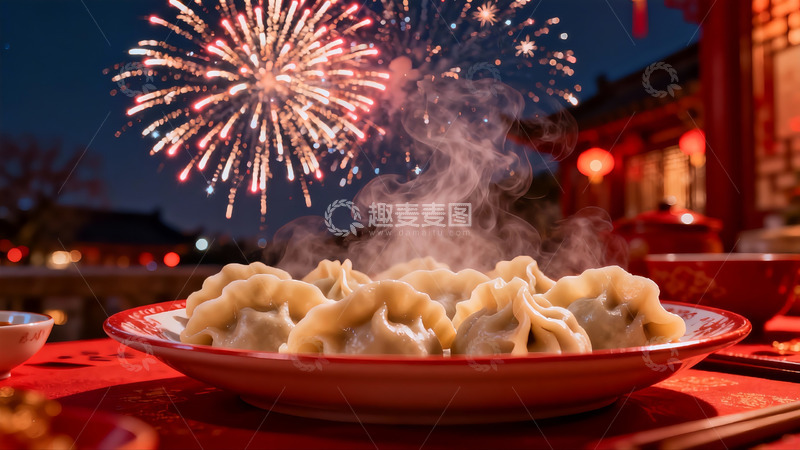 高清大图下载【趣麦麦图】烟花映衬下的热腾腾饺子