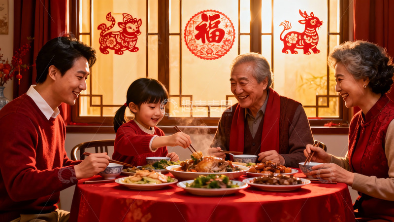 高清大图下载【趣麦麦图】三代同堂年夜饭其乐融融