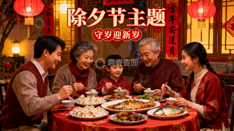 高清大图下载【趣麦麦图】除夕团圆饭家人欢聚一堂