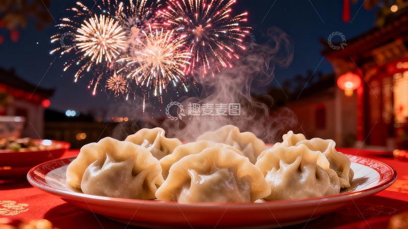 高清大图下载【趣麦麦图】夜空烟花下的热腾饺子