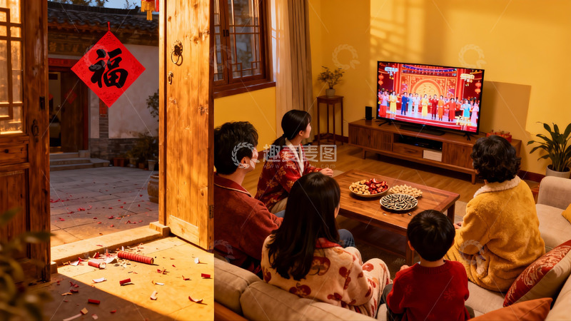 高清大图下载【趣麦麦图】家庭团聚观看春晚场景