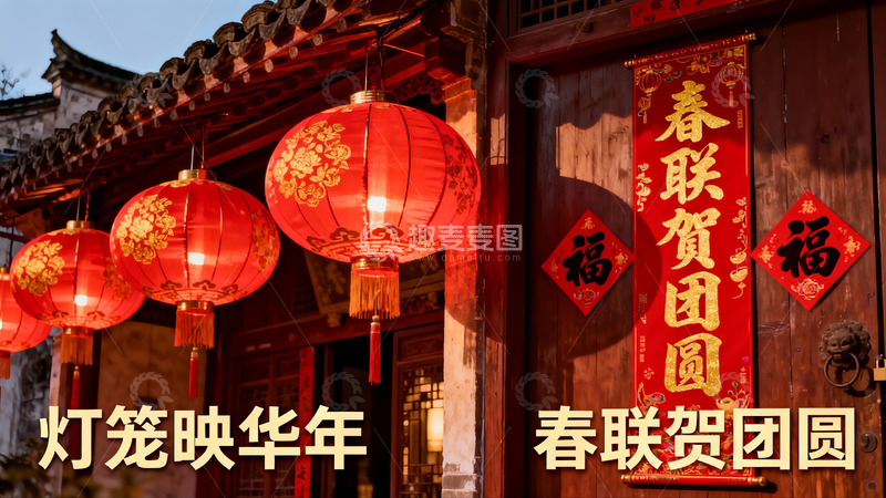高清大图下载【趣麦麦图】红灯笼春联映衬古建筑