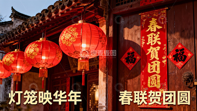 红灯笼春联映衬古建筑