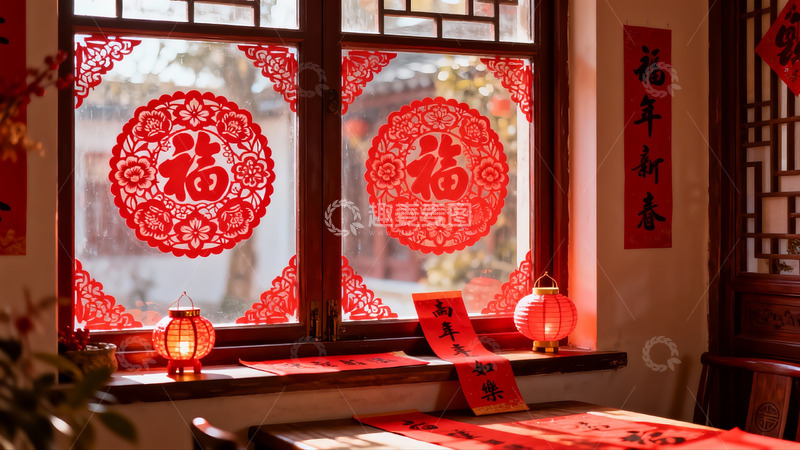 高清大图下载【趣麦麦图】春节窗贴福字灯笼喜庆装饰