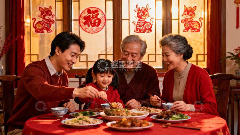 高清大图下载【趣麦麦图】三代同堂除夕团圆饭