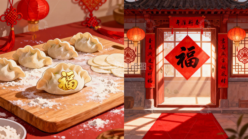 高清大图下载【趣麦麦图】春节饺子与门福装饰