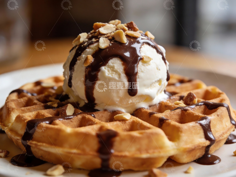 高清大图下载【趣麦麦图】华夫饼配冰淇淋巧克力酱