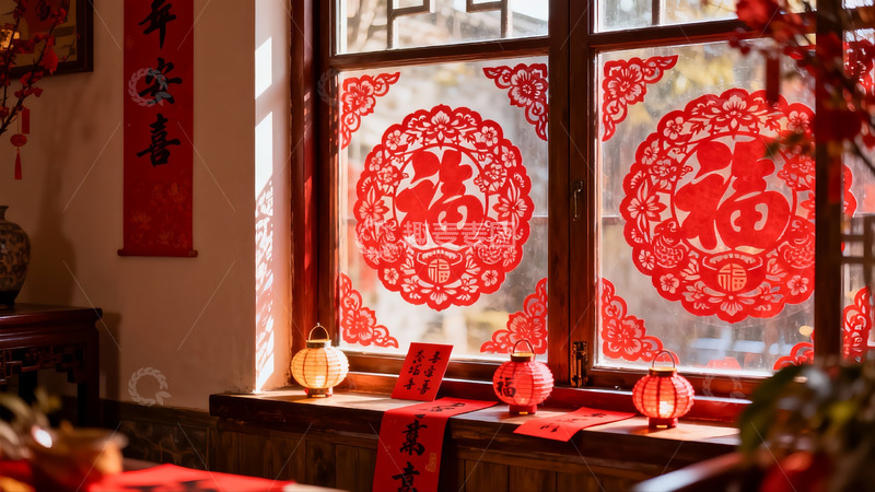 高清大图下载【趣麦麦图】春节窗贴福字灯笼喜庆装饰
