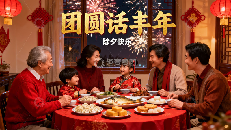 高清大图下载【趣麦麦图】除夕夜家人团聚共进晚餐