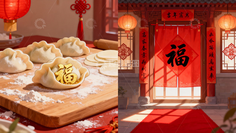 高清大图下载【趣麦麦图】春节饺子与门福装饰