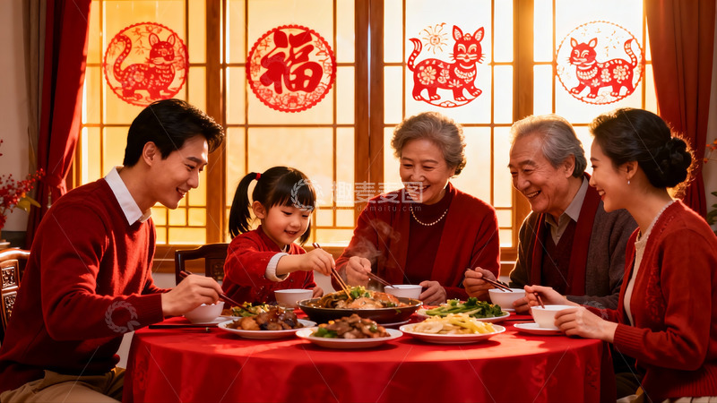高清大图下载【趣麦麦图】三代同堂春节团圆饭