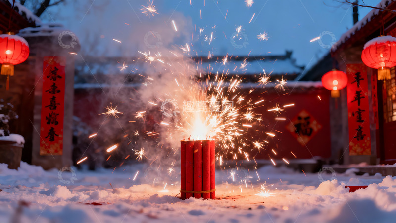 高清大图下载【趣麦麦图】雪地烟花绽放庭院喜庆