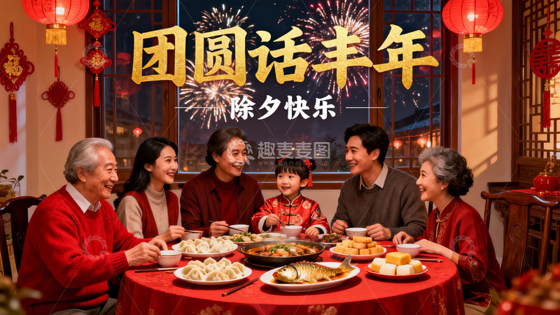 高清大图下载【趣麦麦图】除夕团圆饭家人欢聚一堂