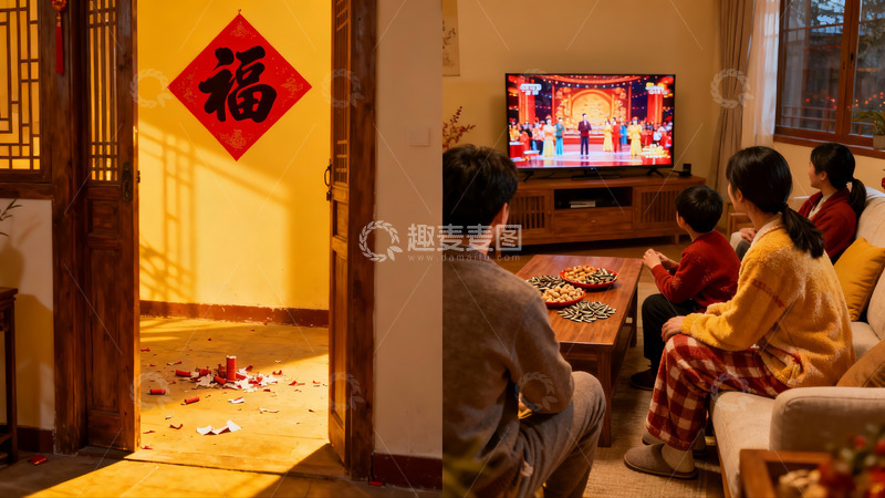 高清大图下载【趣麦麦图】家庭春节团聚看电视
