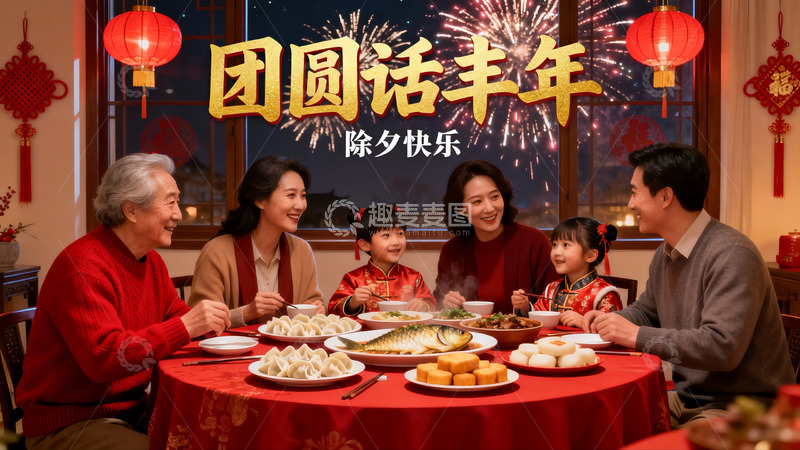 高清大图下载【趣麦麦图】除夕团圆饭家人欢聚一堂