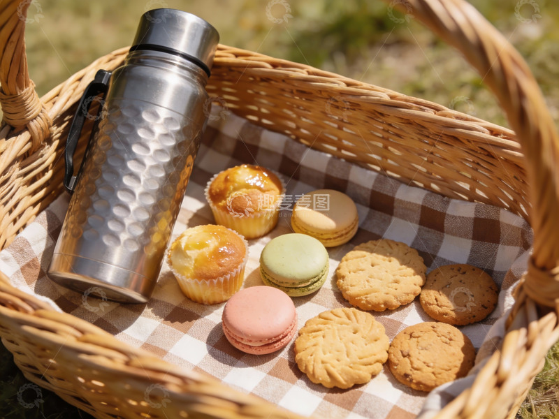 高清大图下载【趣麦麦图】野餐篮美食与保温杯