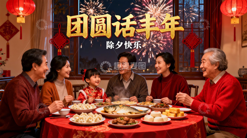 高清大图下载【趣麦麦图】除夕夜家人团聚吃年夜饭