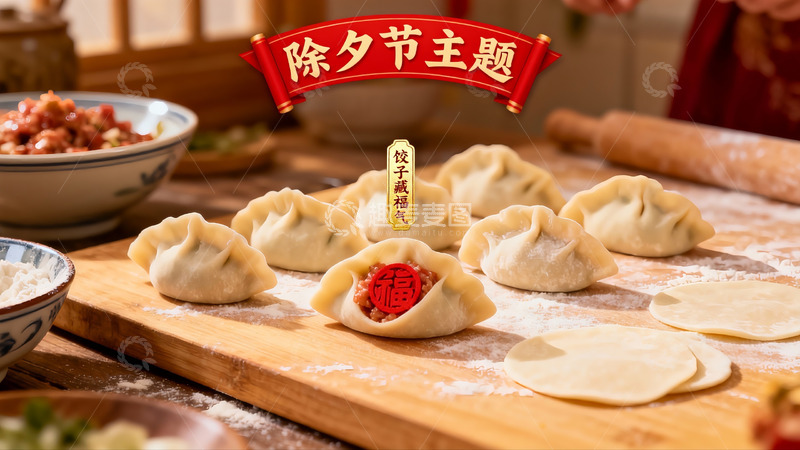 高清大图下载【趣麦麦图】除夕包饺子场景温馨