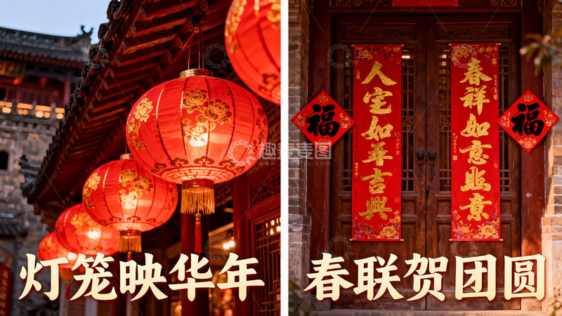 高清大图下载【趣麦麦图】红灯笼春联映衬传统建筑
