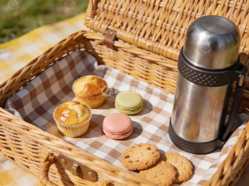 高清大图下载【趣麦麦图】野餐篮美食与保温杯