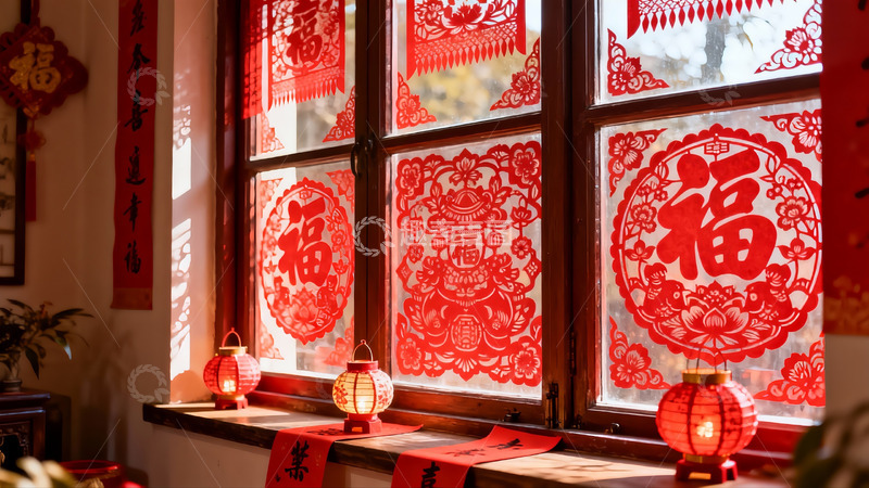 高清大图下载【趣麦麦图】春节窗贴福字灯笼喜庆装饰