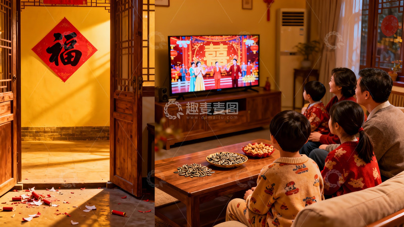 高清大图下载【趣麦麦图】家庭春节团聚看电视
