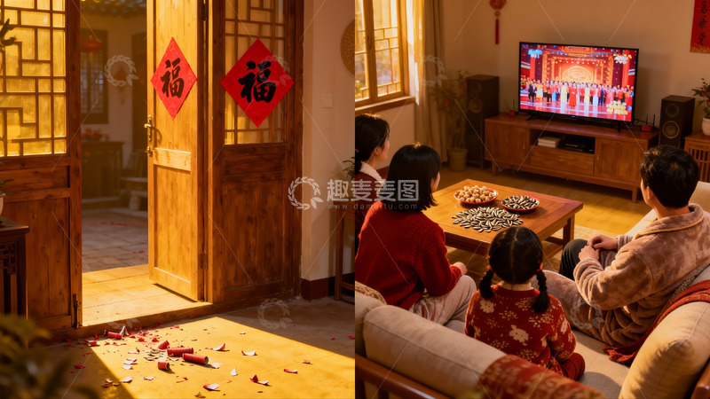 高清大图下载【趣麦麦图】家庭春节团聚看电视